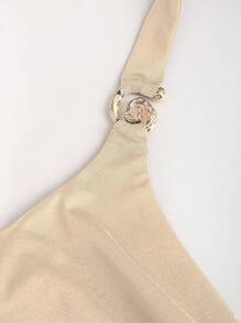 Sweetra 性感别致纯色露背修身高品质复古垂坠领长裙 - 卡其色 - 查看 6