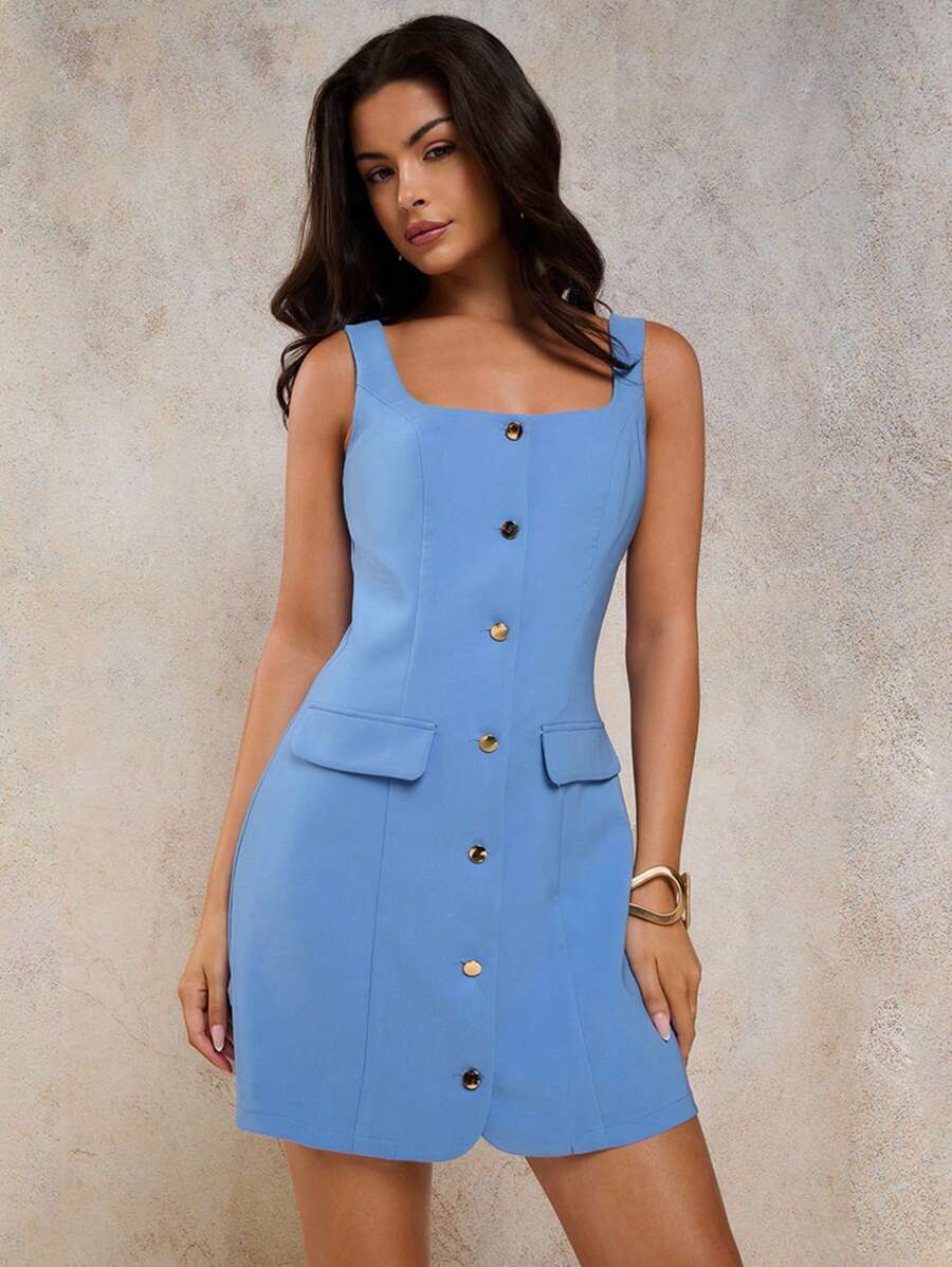 COSMINA Women Square Neck Sleeveless Solid Color Summer Elegant Dress - Blue - View 1