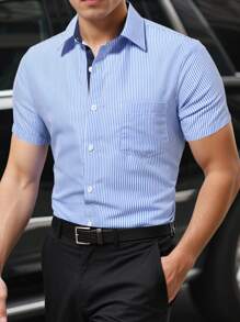 Calvornis 男士休闲条纹短袖衬衫，夏季