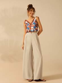 CAJUNI Women's Extra Loose Straight Leg Orange Brown Pants, Casual Holiday Beach Summer Trousers - Apricot - View 9