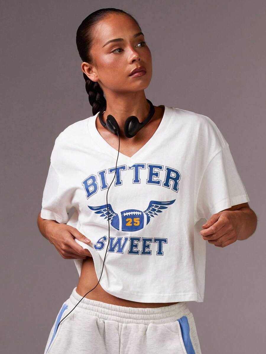 Athîral Women's Summer V-Neck Drop Shoulder Short Sleeve Letter Print Casual T-Shirt