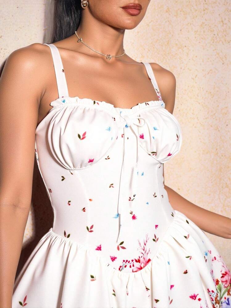 SHEIN SXY Summer White Floral Palace Style Corset Dress,Casual Mini Ballerina Puff Dress For Women,Graduation Party,Birthday,Vacation,Fairycore Kawaii Outfits - White - View 5