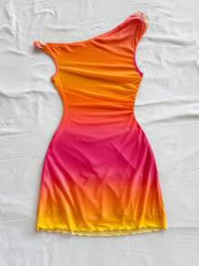 Soleia Women's Tie Dye Gradient Print Strapless Ruched Floral Decor Bodycon Mini Dress, Party Date Beach Vacation Summer Outfit, Bohemian, No Chest Padding - Multicolor - View 2