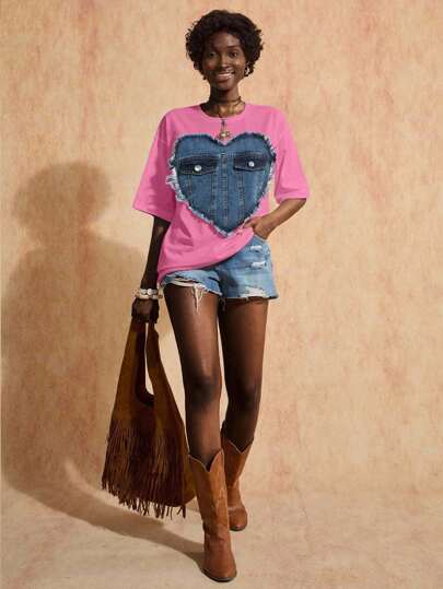 Bóhologie Denim Heart Design Oversize T-Shirt, Cotton Material, Round Neck, Decorative Denim Pocket Detail, Distressed Heart Pattern, Short Sleeves, Casual Wear, Creative Style, Regular Fit, Statement Piece, Perfect For Daily Wear, Unique Design Element, Breathable Cotton Fabric