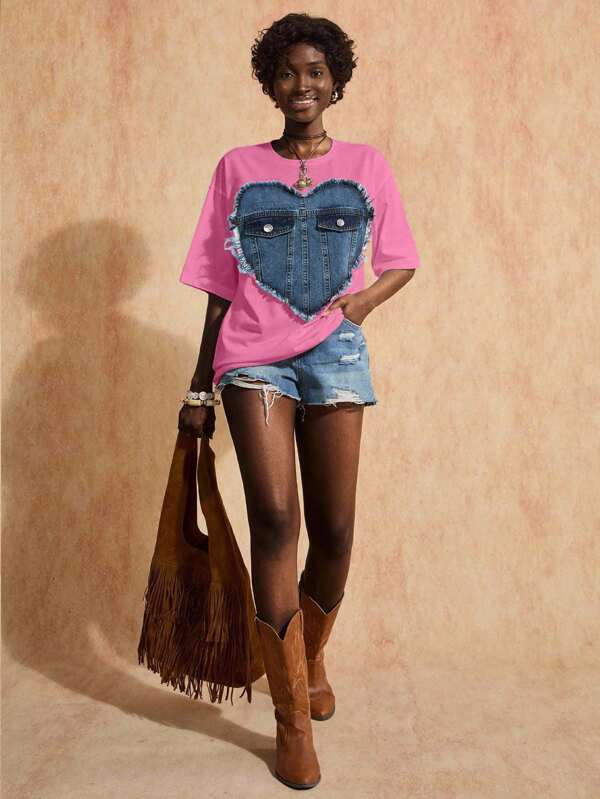 Bóhologie Denim Heart Design Oversize T-Shirt, Cotton Material, Round Neck, Decorative Denim Pocket Detail, Distressed Heart Pattern, Short Sleeves, Casual Wear, Creative Style, Regular Fit, Statement Piece, Perfect For Daily Wear, Unique Design Element, Breathable Cotton Fabric