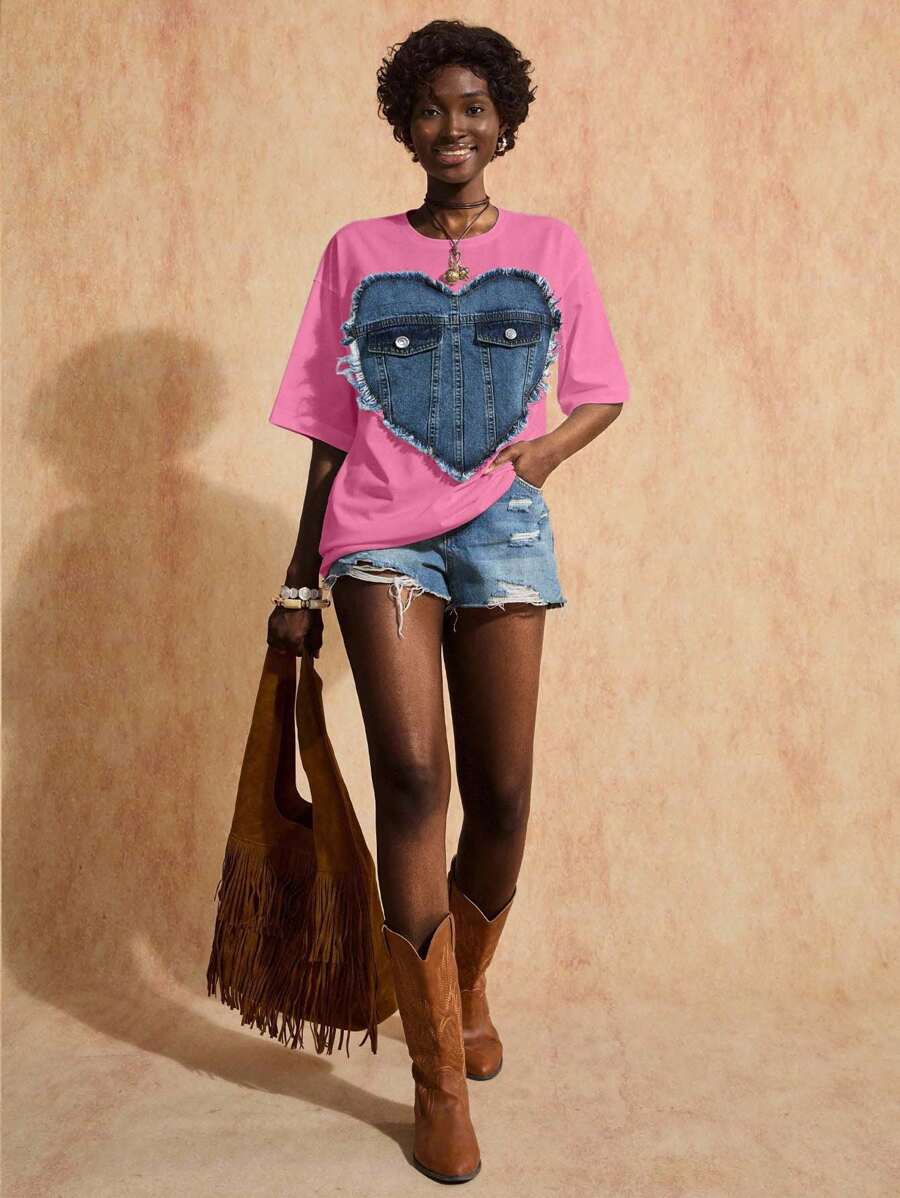 Denim Heart Design Oversize T-Shirt, Cotton Material, Round Neck, Decorative Denim Pocket Detail, Distressed Heart Pattern, Short Sleeves, Casual Wear, Creative Style, Regular Fit, Statement Piece, Perfect For Daily Wear, Unique Design Element, Breathable Cotton Fabric - Baby Pink - View 1