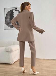 EURMUSE Women's Solid Color Double-Breasted Blazer & Pants Suit Set - Mocha Brown - View 2