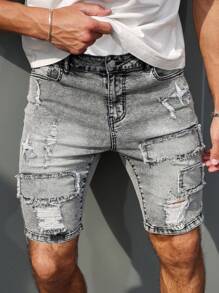 Manfinity LEGND Pantalones cortos informales de mezclilla desgastados para hombre, para verano