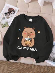 Young Girl Casual Fashionable Creative Cartoon Cute Capybara Pattern Print Basic Round Neck Sweatshirt Capybara Sweatshirt For Girls Capybara Clothes For Girls Sweatshirt Cute Sweatshirt Capybara Clothing For Girl Fall Winter