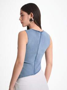 Daynim 女式休闲圆领无袖牛仔蓝色上衣 - 淺色水洗藍 - 查看 2