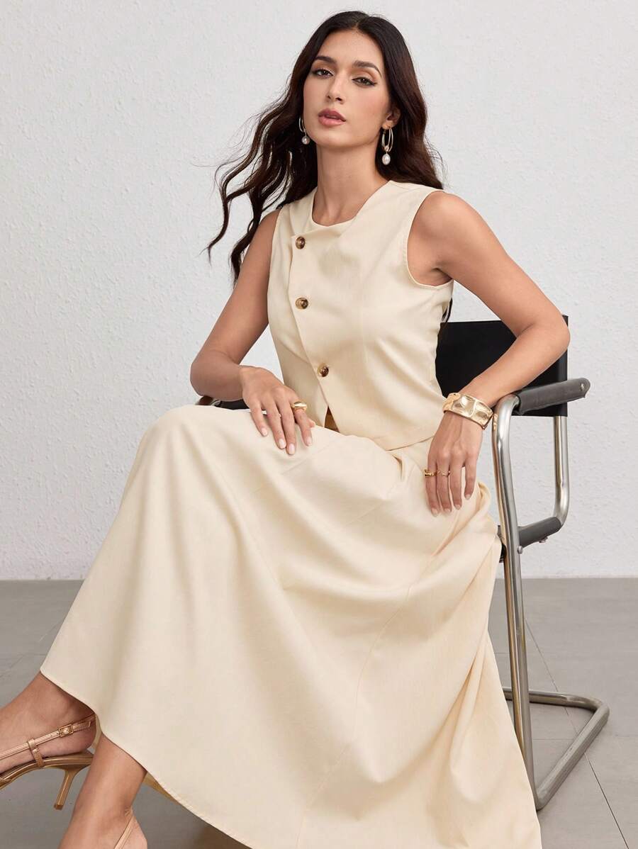 Modelyn مجموعة بسيطة من الفستان وملابس داخلية للنساء في الصيف من قطعتين - لون مشمشي - مشاهدة 1