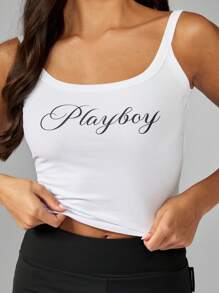 Missguided x Playboy Top de camisa elegante con logotipo de letra cursiva, informal y femenino para verano, con espalda de tirantes para uso casual, estudio, práctica, streetwear, festivales y playa, tipo top corto