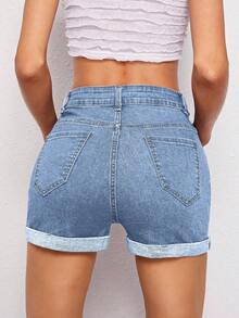 SHEIN ICON 女式蓝色高腰卷边休闲时尚牛仔短裤 - 中等水洗藍 - 查看 2