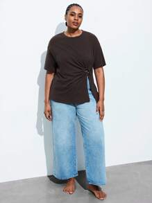 Maija Plus Size Women's Cotton Round Neck Short Sleeve T-Shirt, With Metal Ring Design On Front Waist, Business Casual Basic Top,For Vintage Women Old Money Teacher For Women Romantic, Fashion, Versatile Summer Women Party Top Beach Holiday Vacation Going Out Graduation Elegant Women's Blouses Casual Blouses Formal Attire Work Office For Women - Brown - View 3