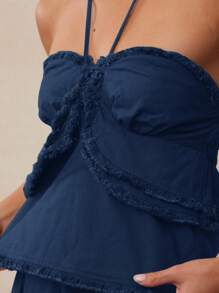 WESTFADE 100% 纯棉波西米亚风流苏毛边褶饰蝴蝶结后背荷叶边多层挂脖上衣休闲可爱返校服装，适合秋季、波西米亚风、秋冬、乡村音乐会、西部风女装 - 藍色 - 查看 6