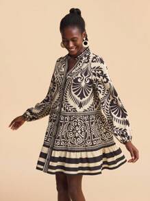 Travachic 女士休闲短款植物印花V领长袖单排扣迷你连衣裙 - 卡其色 - 查看 6