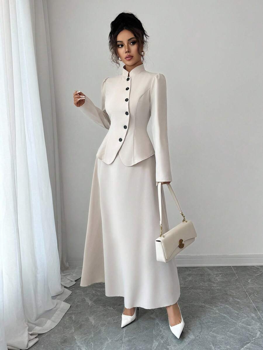 Elenzga 2 件套女士秋季优雅复古风格纽扣装饰夹克和高腰半身裙 - 杏色 - 查看 1