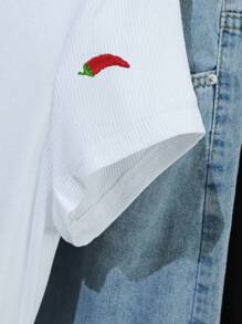 INAWLY Women's Fitted Crew Neck T-Shirt With Chili Pepper Embroidery Design - White - View 5