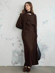 Dazy-Less Conjunto de 2 piezas para mujer: Vestido camisa y falda de unicolor, estilo de negocios casual, con cordón y cinturón, apropiado para otoño, primavera y verano - Marrón - Ver 1