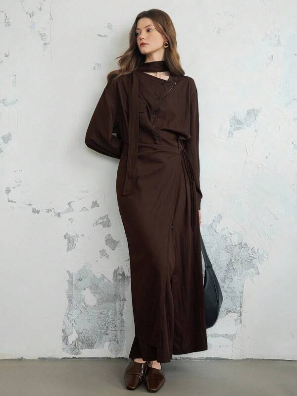 Dazy-Less Women's 2Pcs Set: Solid Color Simple Loose Business Casual Drawstring Tie Belt Scarf Collar Shirt Dress & Skirt, Suitable For Autumn, Spring And Summer