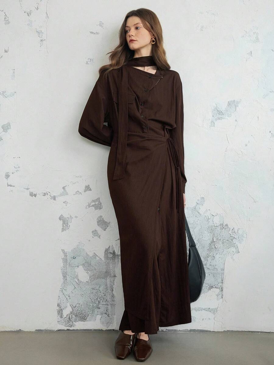 Dazy-Less Conjunto de 2 piezas para mujer: Vestido camisa y falda de unicolor, estilo de negocios casual, con cordón y cinturón, apropiado para otoño, primavera y verano - Marrón - Ver 1