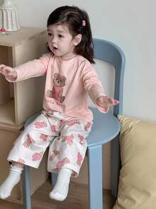 Dazy Kids Baby Girl Letter & Cartoon Bear Print Long Sleeve Top And Pants Pajamas,Toddler Fall Clothes - Baby Pink - View 1