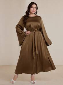 Graceveil Plus Size Women Flared Sleeve Pearl Beaded Arabic Style Dress Modest - Coffee Brown - View 6