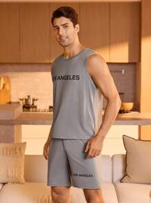 2 件男士休闲圆领无袖上衣和短裤睡衣套装 - 灰色 - 查看 3