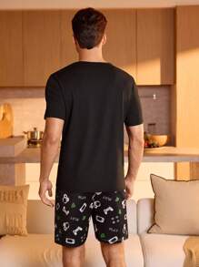 男士标语图案睡衣套装/睡衣套装 - 黑色 - 查看 2