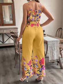 SHEIN 不对称印花长肩带孕妇连体裤 - 黃色 - 查看 2