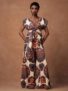 Zivah 2025 Summer Fashion Casual Elegant Vacation Daily Date Birthday Party Commuter Loose Feel European And American Retro Deep V Neck Sexy Sleeve Raglan Sleeve Waist Bow Top + Wide Leg Pants Ultra-Long Pa African Print Jumpsuit Boho Jumpsuit Resort Outfits For Women Resort Wear