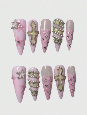 Kawaii Y2K Punk Style Pink Metallic Star & Cross Plaid Patchwork Extra Long Handmade False Nail, Adorable For Sweet & Hot Girl
