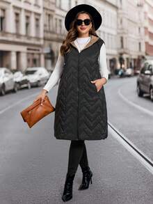 SHEIN Clasi 女士加大码棉质羽绒背心，优雅长款无袖羽绒背心，带口袋，保暖连帽棉质羽绒背心，适合秋冬季节穿着。 - 黑色 - 查看 6