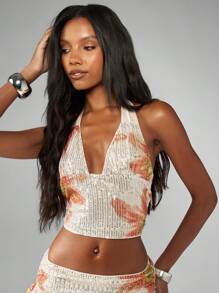 MISSGUIDED Áo crop top cổ yếm đính sequin họa tiết hoa câu lạc bộ khiêu vũ tiệc tối bèo nhún kỳ nghỉ hè bãi biển ngày lễ - Màu be - Xem 1