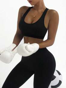 Easithlete 女士纯色吊带背心和紧身裤运动套装女士健身套装 - 黑色 - 查看 5