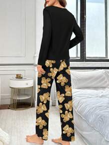 可爱小熊印花长袖上衣和裤子睡衣套装，泰迪熊可爱柔软睡衣套装，秋冬服装