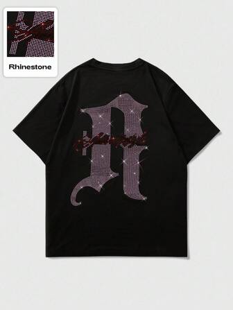 Goth Camiseta de manga corta de verano para hombres con estampado gráfico en inglés con cristales
