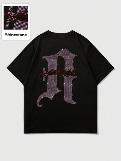 Goth تيشرت صيفي قصير الأكمام للرجال بطبعة إنجليزية مزينة بالراين