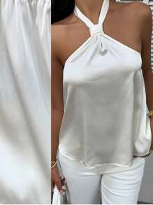 MainGRL 女式夏季优雅白色缎面露背上衣 - 白色 - 查看 7