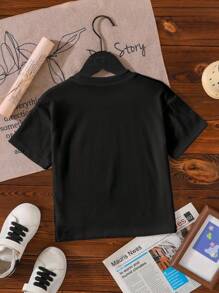 SHEIN Young Girls Casual Fashionable Comfy Cute Crayon & Alphabet Print Short Sleeve T-Shirt, Suitable For Kindergarten Wear, Summer, School, Campus, College - Black - View 2