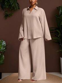 Veslaya Plus Size Casual Loose Solid Color Long Sleeve Top & Pants 2 Pieces Set - Khaki - View 3