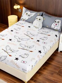 HARRY POTTER X SHEIN 1pc Hedwig Flying Broomstick Print Bedsheet, Fits Twin/Full/Queen/King Size Beds, Soft & Breathable, Machine Washable - White - View 2