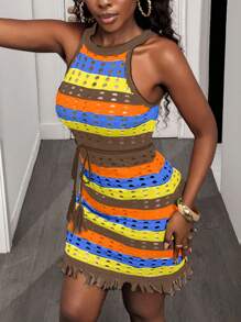 BamGleam 女式镂空露背迷你连衣裙度假休闲轻薄套头针织连衣裙 - 彩色 - 查看 4