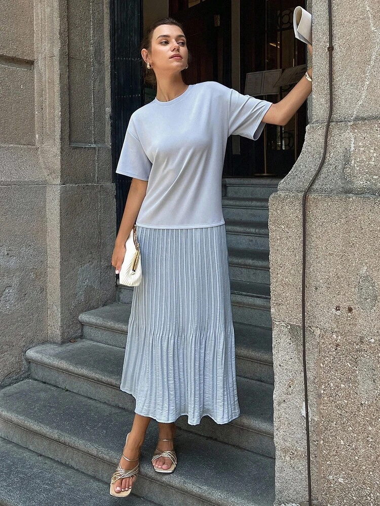 Women's Mesh Patchwork Loose Straight Casual Short Sleeve Summer Vacation Dress Women Pleated Summer Modest Dress Maxi Dress