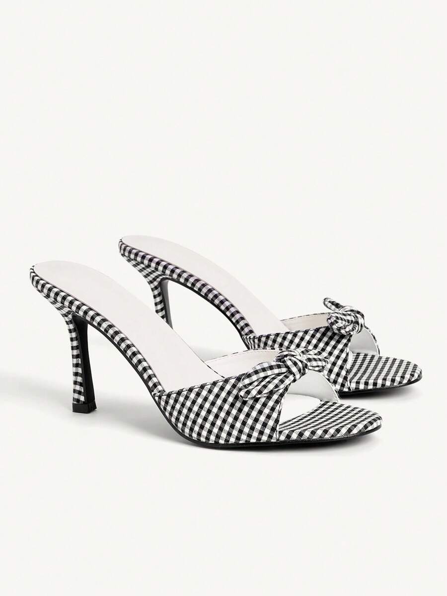 CUCCOO CHICEST Giày cao gót hở mũi thanh lịch màu đen và trắng trang trí nơ cho phụ nữ mùa hè, dễ thương và quyến rũ - Đen và trắng - Xem 1