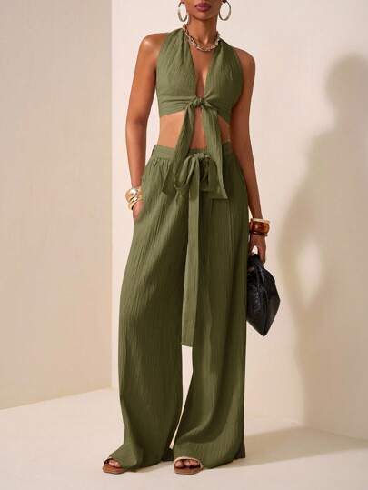 Zivah 2025 Nowy styl Casual Wakacje Codzienna randka Plaża Impreza Klub Elegancki Halter Szyja Pasek Głęboki Dekolt w Serek Z Przodu I Na Środkowym Pasku Projekt Bez Rękawów Crop Top + Szerokie Nogawki Ekstra Długie Spodnie Kolor Morelowy Damski Dwuczęściowy Zestaw-A