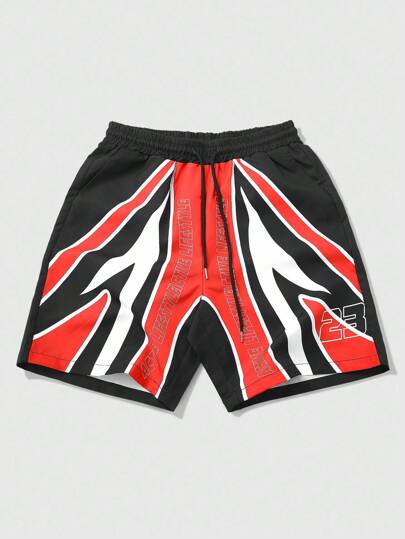 Prep Pantaloncini casual estivi da uomo con stampa lettera, contrasto di colori, vita con coulisse, stile biker