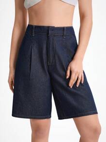 Daynim Women's Casual Commuter Bermuda Denim Shorts Loose Wide Leg - Dark Wash - View 5