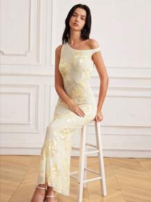 Váy suông thêu lưới thanh lịch cho nữ, tay áo bo gấu, chất liệu vải cao cấp có họa tiết - Màu be - Xem 3