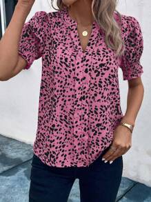 EMERY ROSE Leopard Print Notched Collar Casual Short Sleeve Shirt, Versatile For Summer - Hot Pink - View 4